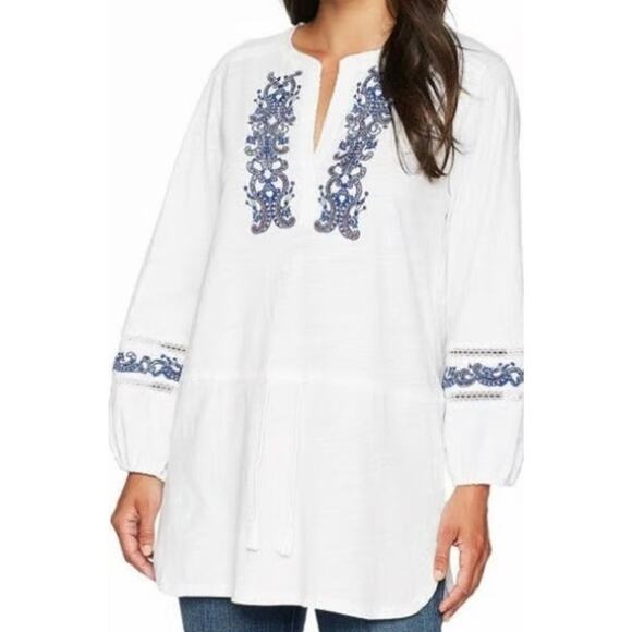 LAUREN Ralph Lauren White Blue Embroidered Tunic Top Cover Up MEDIUM Cotton Boho - Picture 1 of 8